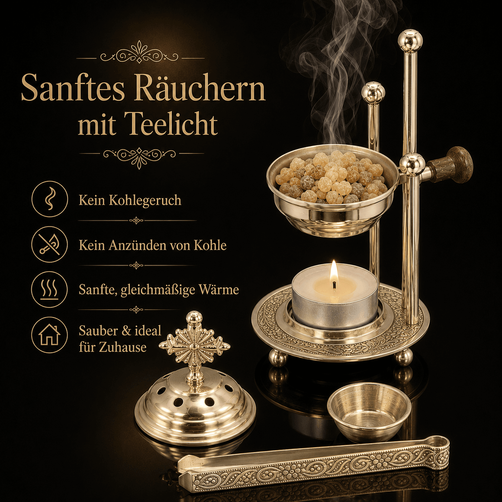 01_Sanftes_Raeuchern_2000x2000 Weihrauchbrenner Messing Goldfarben – Räucherstövchen ohne Kohle mit Teelicht, inkl. Sieb & Kreuz – Ideal für Weihrauch, Harze & Kräuter