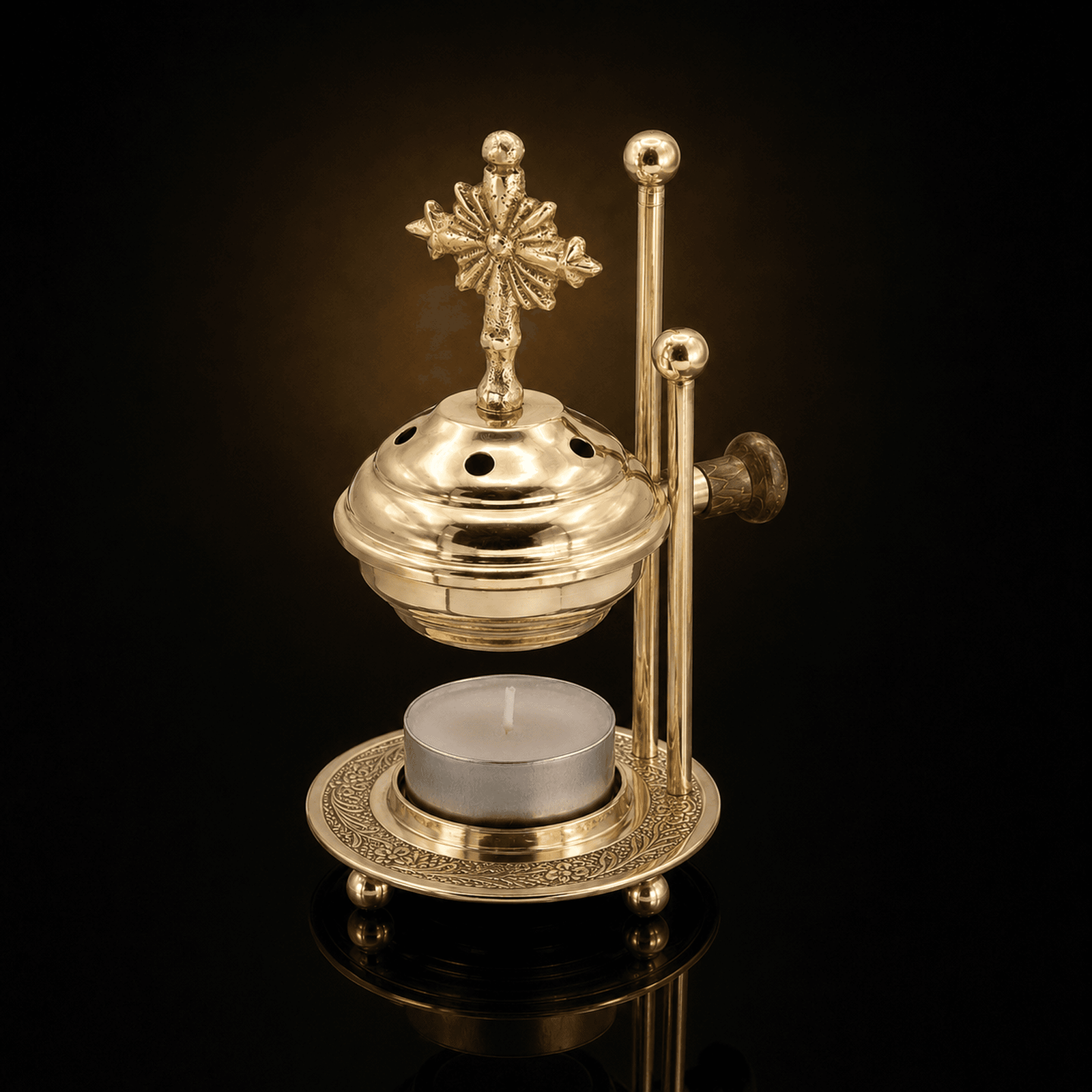 02_Raeucherstoefchen_mit_Deckel_2000x2000 Weihrauchbrenner Messing Goldfarben – Räucherstövchen ohne Kohle mit Teelicht, inkl. Sieb & Kreuz – Ideal für Weihrauch, Harze & Kräuter