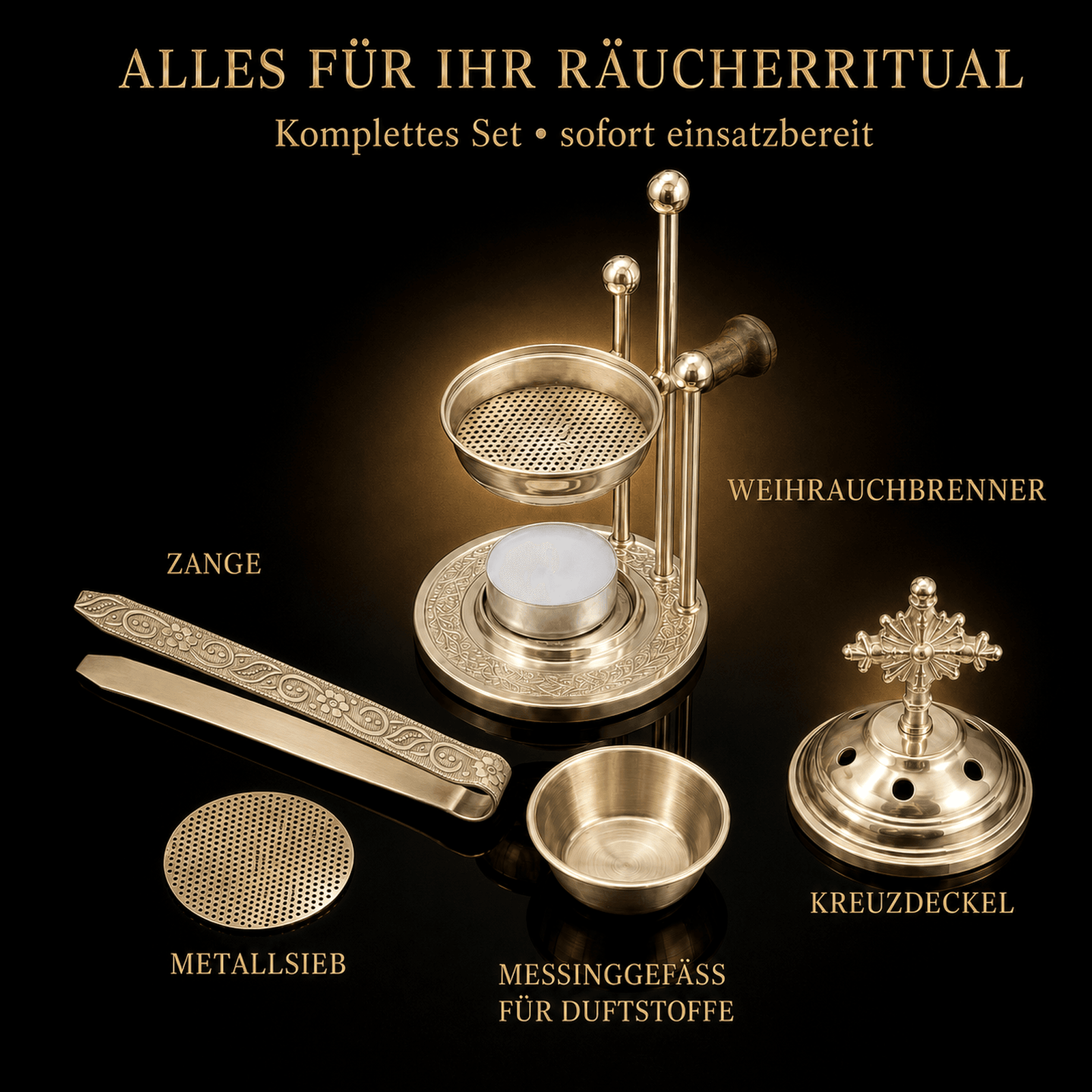 07_Setbestandteile_2000x2000 Weihrauchbrenner Messing Goldfarben – Räucherstövchen ohne Kohle mit Teelicht, inkl. Sieb & Kreuz – Ideal für Weihrauch, Harze & Kräuter