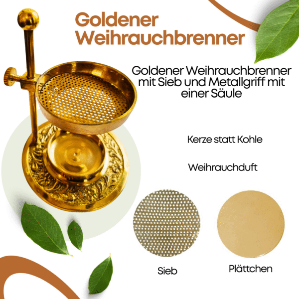 Eleganter Weihrauchbrenner aus goldener, hitzebeständiger Messing mit integriertem Sieb und Kreuzdeckel – ideal für Harze, Kräuter und entspannende Räuchermomente zu Hause. - Image 2
