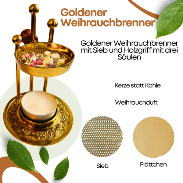 Eleganter Weihrauchbrenner aus goldener, hitzebeständiger Messing mit integriertem Sieb und Kreuzdeckel – ideal für Harze, Kräuter und entspannende Räuchermomente zu Hause. - Image 3