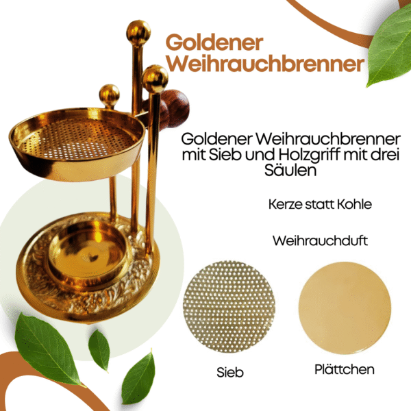 Eleganter Weihrauchbrenner aus goldener, hitzebeständiger Messing mit integriertem Sieb und Kreuzdeckel – ideal für Harze, Kräuter und entspannende Räuchermomente zu Hause. - Image 4