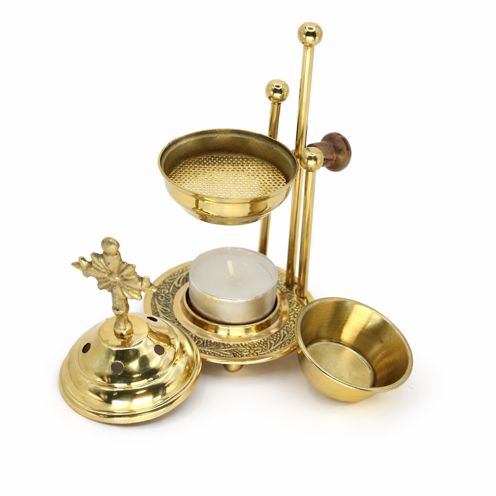 Weihrauchbrenner aus Messing mit Sieb und Kreuzdeckel – goldfarbenes Räucherstövchen mit Teelicht