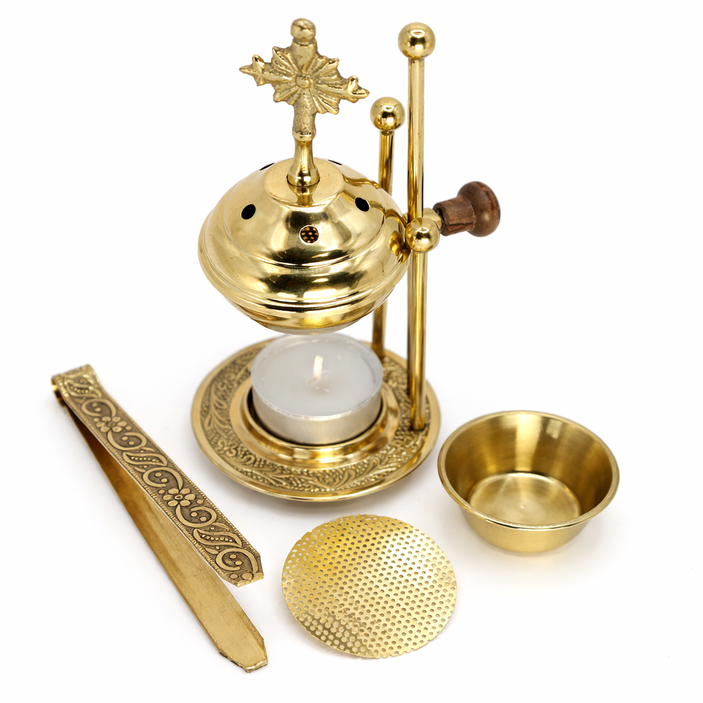 Weihrauchbrenner aus Messing mit Sieb Kreuzdeckel und Teelicht goldfarben