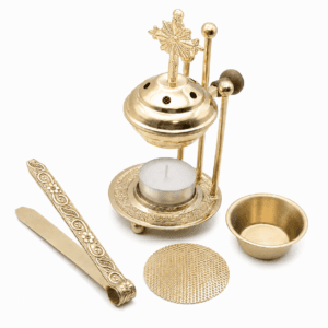 Weihrauchbrenner Messing Gold mit Kreuzdeckel Sieb und Teelicht ohne Kohle