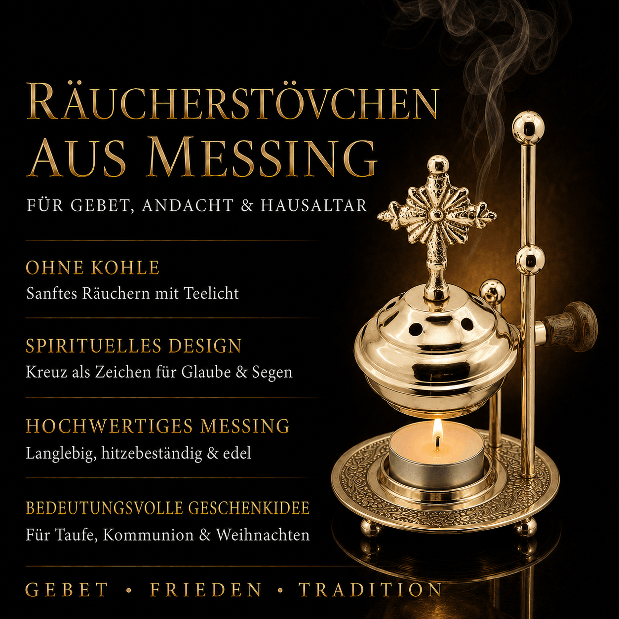 Weihrauchbrenner Messing Gold mit Kreuzdeckel Sieb und Teelicht ohne Kohle