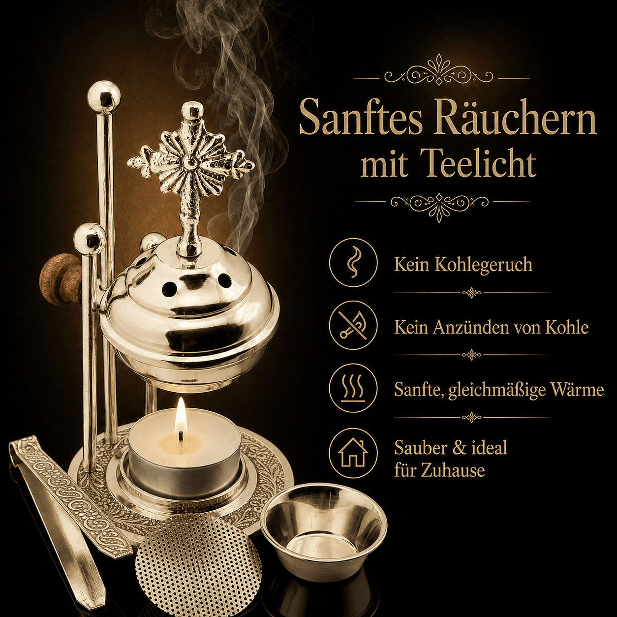 Weihrauchbrenner Messing Gold mit Kreuzdeckel Sieb und Teelicht ohne Kohle