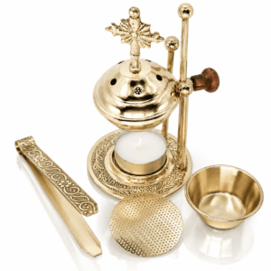 Weihrauchbrenner Messing Gold mit Kreuzdeckel Sieb und Teelicht ohne Kohle