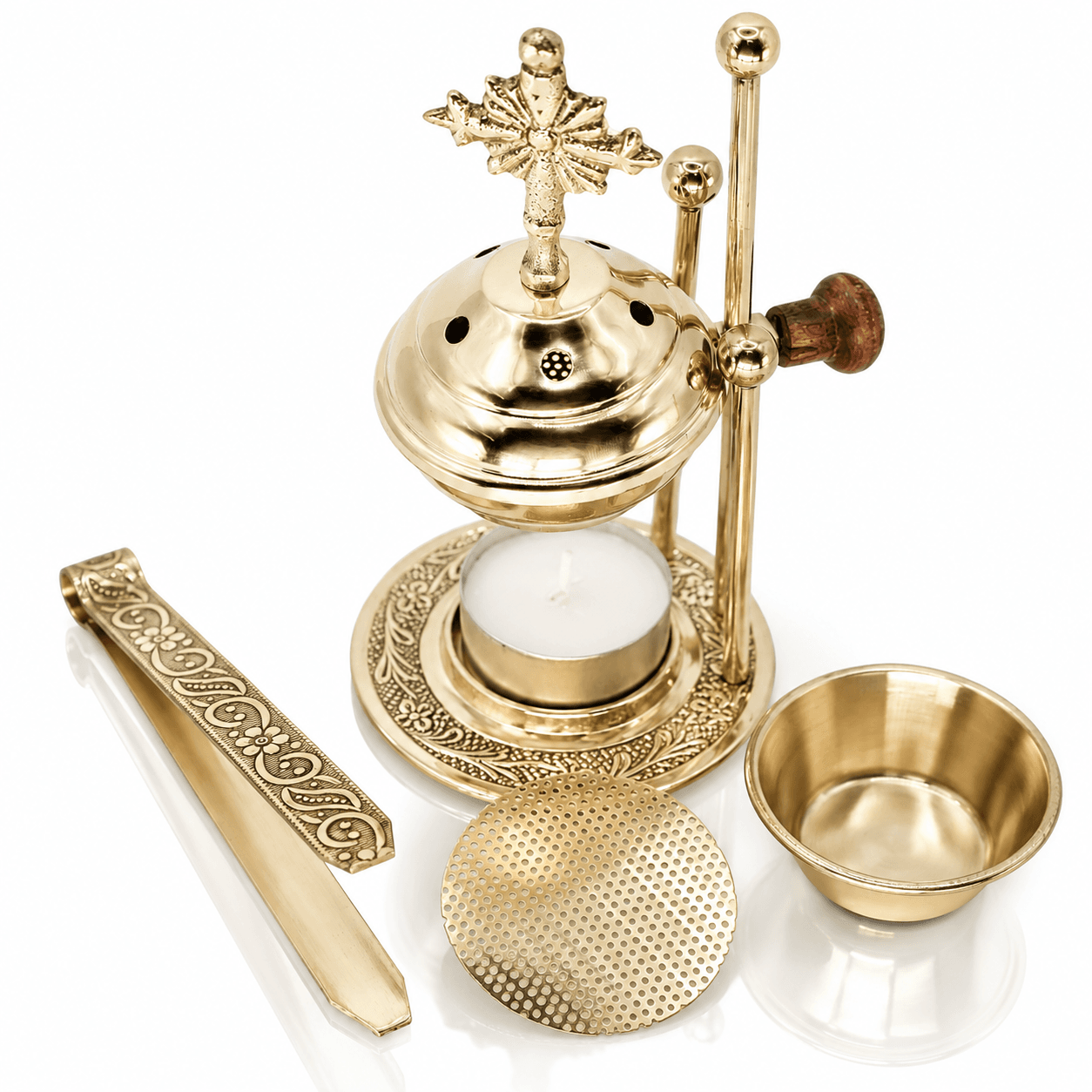 Weihrauchbrenner Messing Gold mit Kreuzdeckel Sieb und Teelicht ohne Kohle