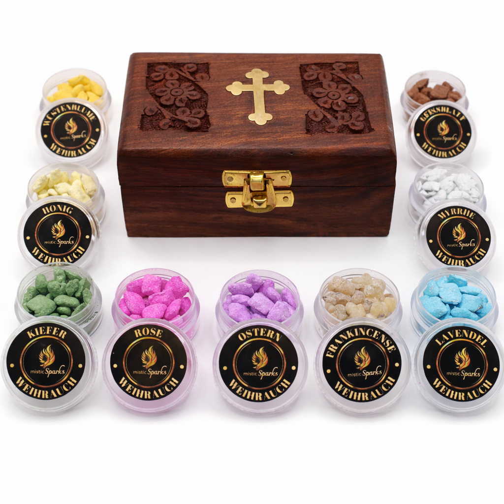 Kloster Weihrauch Geschenkset in Holzbox mit Kreuzgravur und 9 Duftsorten