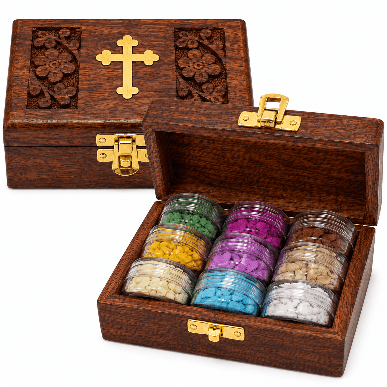 Christliches Weihrauch-Geschenkset – 9 Sorten in Holzbox mit Kreuz 7 Handgefertigtes Räucherwerk-Set mit 9 ausgewählten Weihrauchsorten