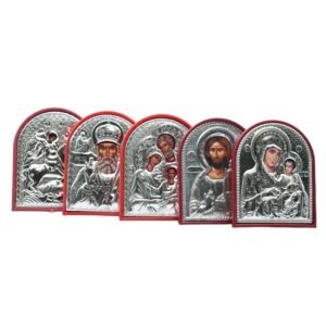 Mini-Ikonen Set 5 Stück 7x6 cm silberfarben brauner Rahmen Ständer Aufhängung