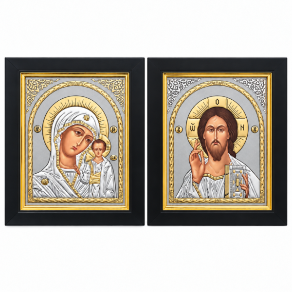 Ikonenpaar Gottesmutter von Kasan und Christus Pantokrator mit schwarzem Rahmen