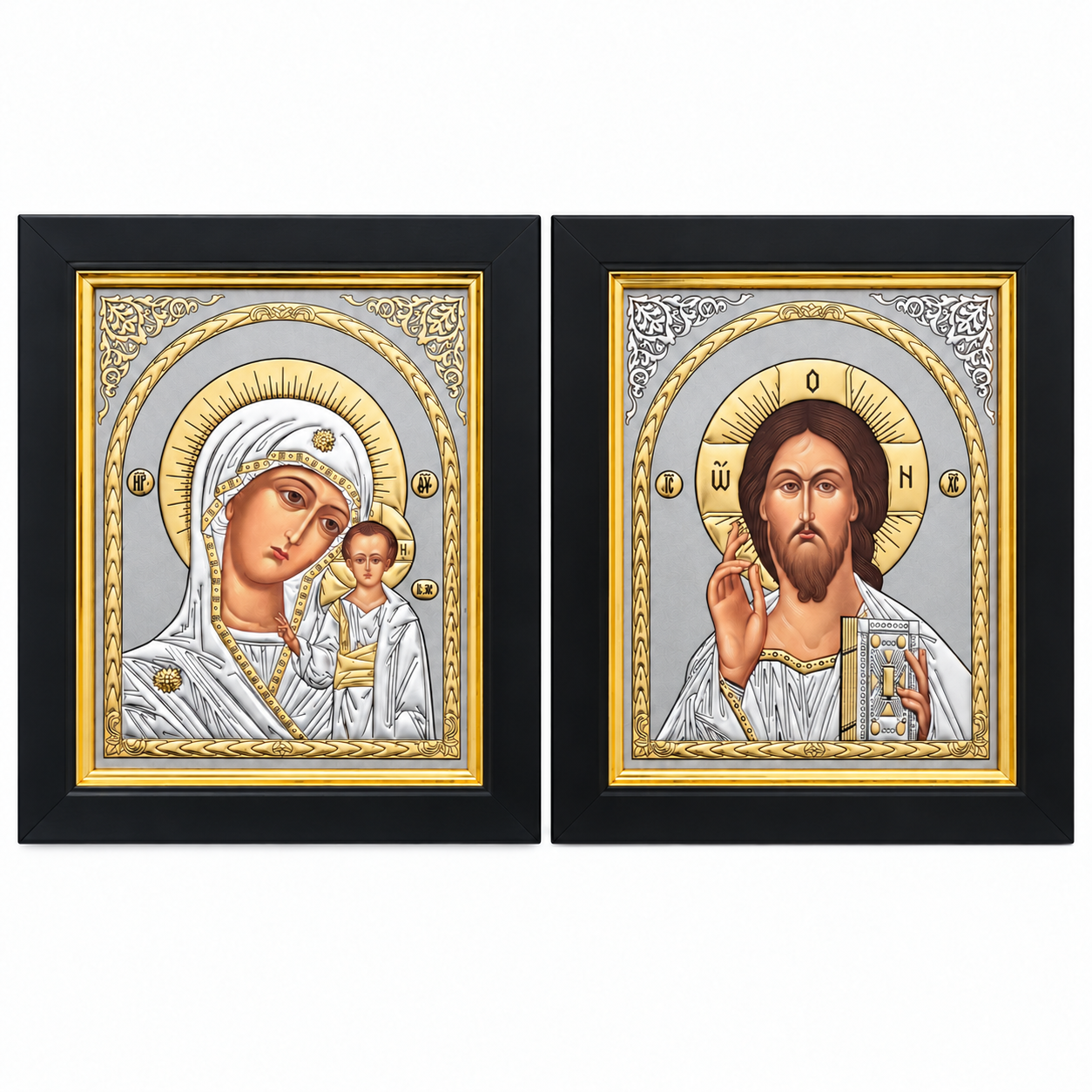 Ikonenpaar Gottesmutter von Kasan und Christus Pantokrator mit schwarzem Rahmen