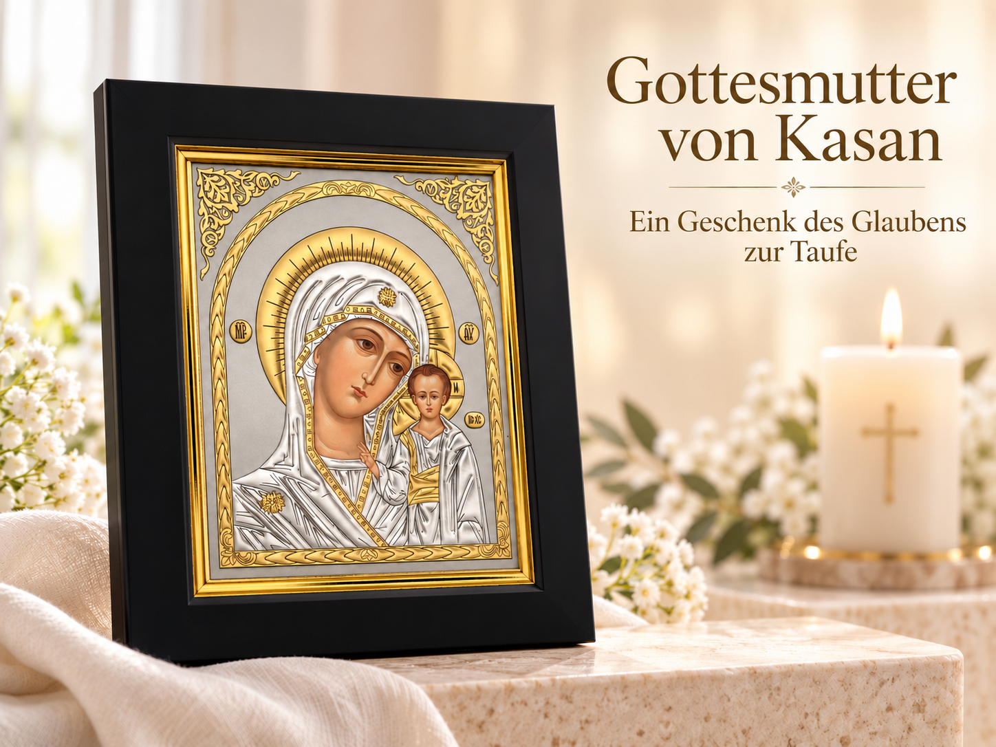 Gottesmutter von Kasan mit dem Jesuskind im schwarzen Rahmen, Geschenk zur Taufe