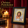 Christus Pantokrator mit Evangelium, silber- und goldfarbene Ikone im schwarzen Rahmen