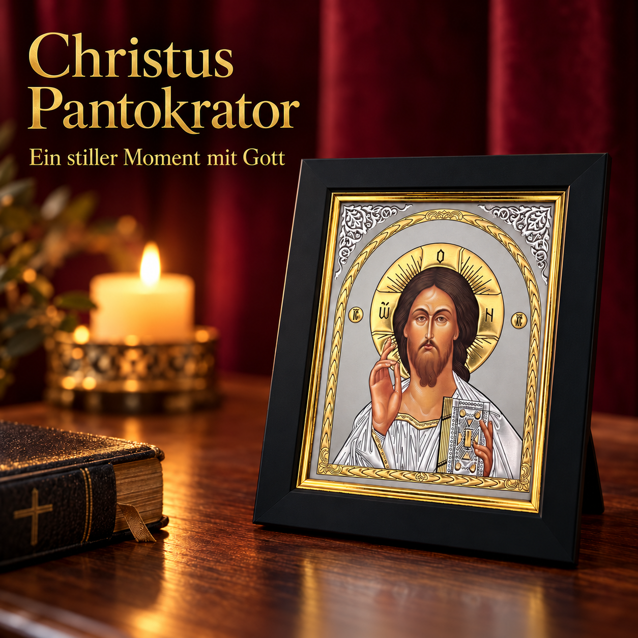 Christus Pantokrator mit Evangelium, silber- und goldfarbene Ikone im schwarzen Rahmen