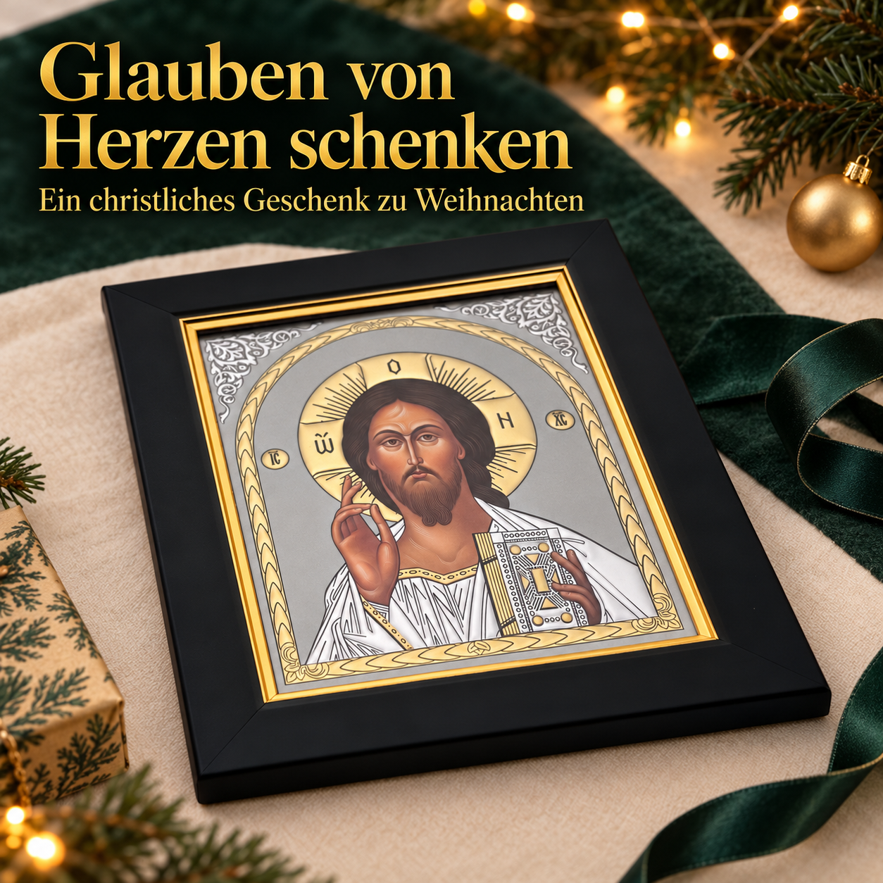 Christus Pantokrator im schwarzen Rahmen als christliches Weihnachtsgeschenk