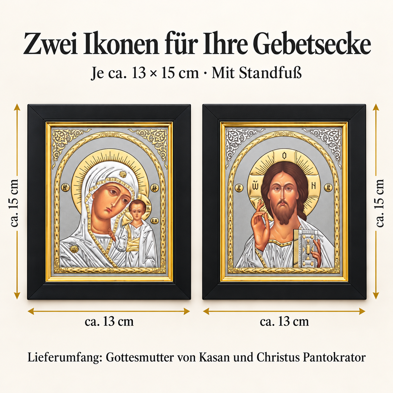 Maße einer Ikone: 13 cm breit und 15 cm hoch, schwarzer Rahmen