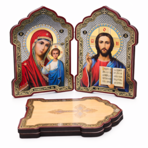 Ikonen-Diptychon aus Holz – Gottesmutter von Kasan & Jesus Christus Pantokrator, aufklappbar