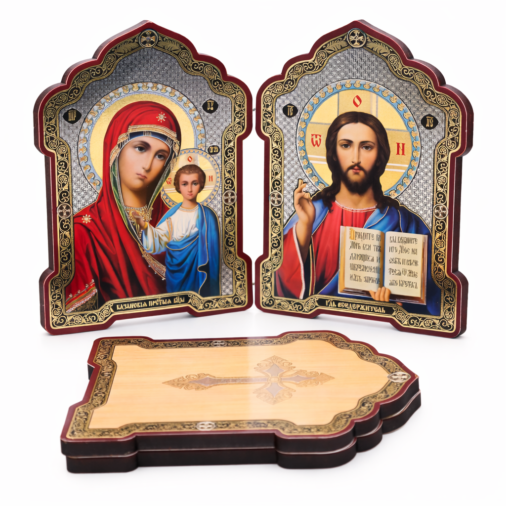 Ikonen-Diptychon aus Holz – Gottesmutter von Kasan & Jesus Christus Pantokrator, aufklappbar