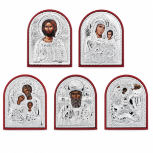 Mini-Ikonen Set 5 Stück mit Christus Pantokrator, Maria, Heilige Familie, Nikolaus und Georg