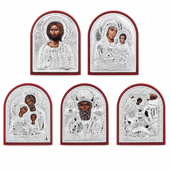 Mini-Ikonen Set 5 Stück mit Christus Pantokrator, Maria, Heilige Familie, Nikolaus und Georg