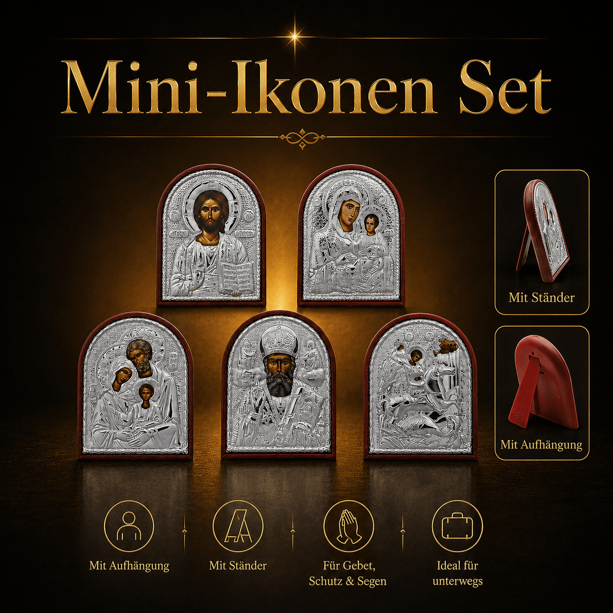 Mini-Ikonen Set 5 Stück mit Christus Pantokrator, Maria, Heilige Familie, Nikolaus und Georg Mini-Ikonen Set 5 Stück mit Christus Pantokrator, Maria, Heilige Familie, Nikolaus und Georg