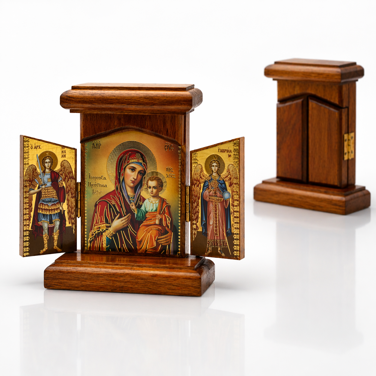 misticSparks Holz Ikone Triptychon Maria mit Kind, Erzengel Michael & Gabriel – Orthodoxes Holz-Triptychon 12 x 12 cm