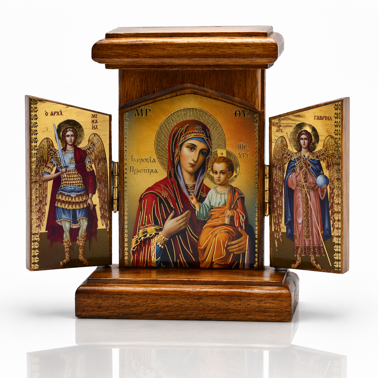 misticSparks Holz Ikone Triptychon Maria mit Kind, Erzengel Michael & Gabriel – Orthodoxes Holz-Triptychon 12 x 12 cm