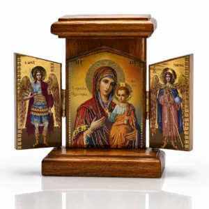 Holz Ikone Triptychon klappbar mit Maria mit Kind, Erzengel Michael und Gabriel, 12 x 12 cm