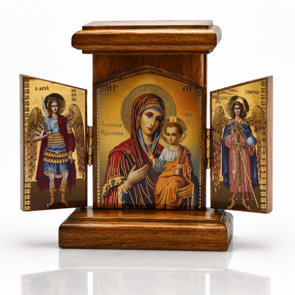 Holz Ikone Triptychon klappbar mit Maria mit Kind, Erzengel Michael und Gabriel, 12 x 12 cm