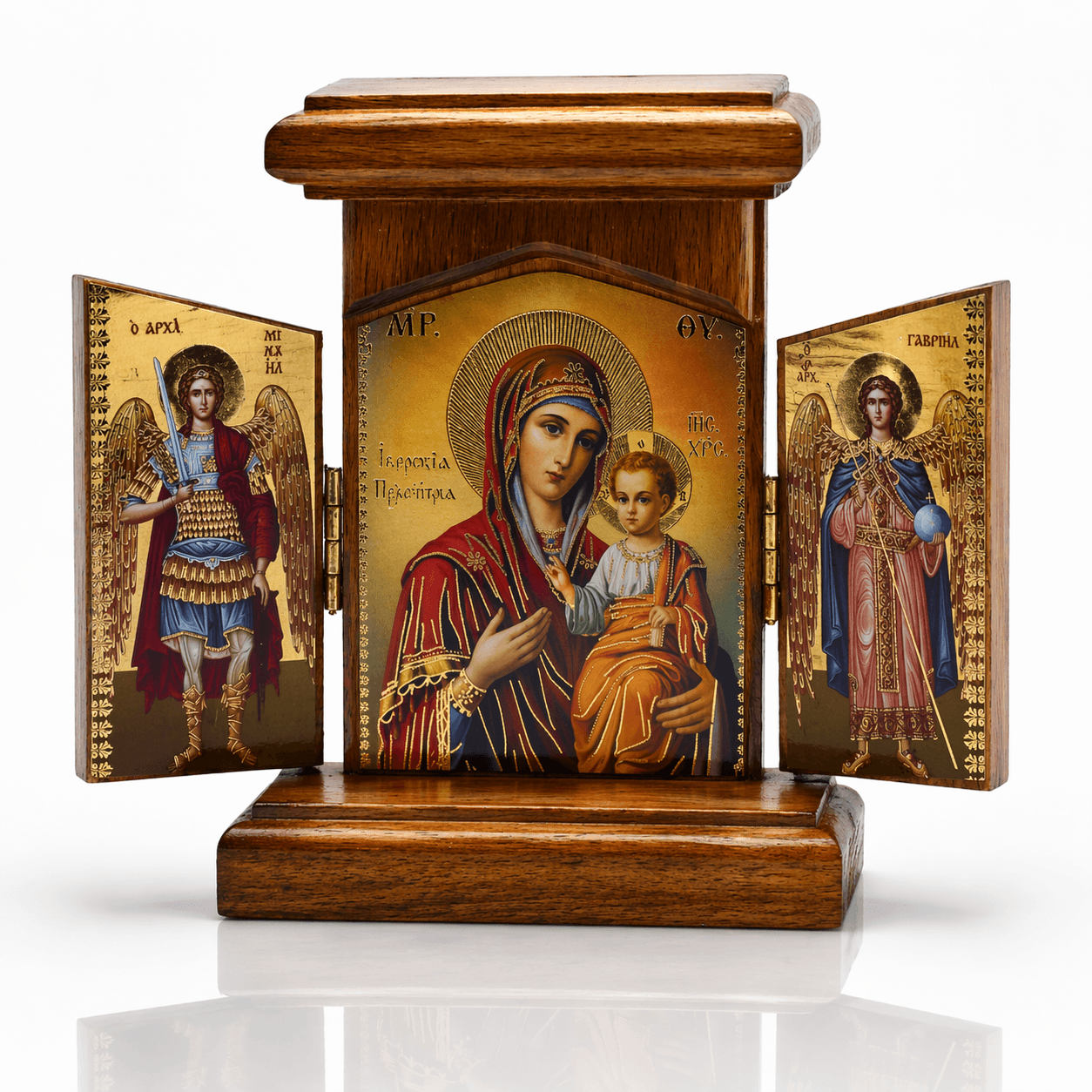 misticSparks Holz Ikone Triptychon (2) Holz Ikone Triptychon klappbar mit Maria mit Kind, Erzengel Michael und Gabriel, 12 x 12 cm
