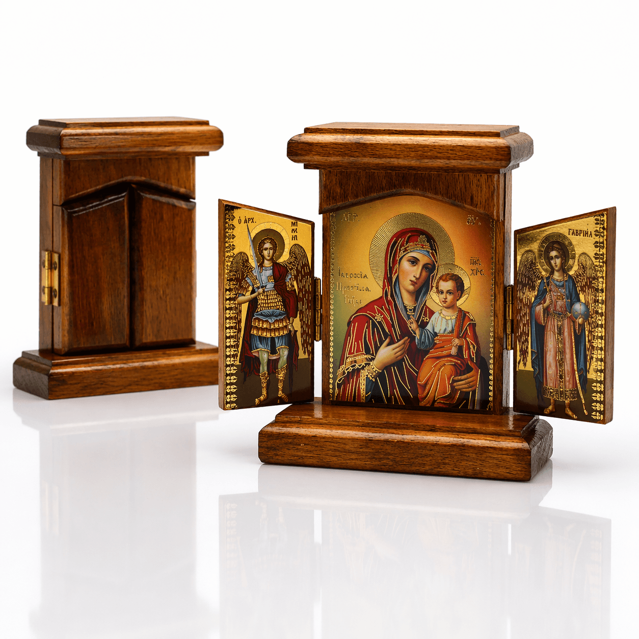 misticSparks Holz Ikone Triptychon (6) Holz Ikone Triptychon klappbar mit Maria mit Kind, Erzengel Michael und Gabriel, 12 x 12 cm