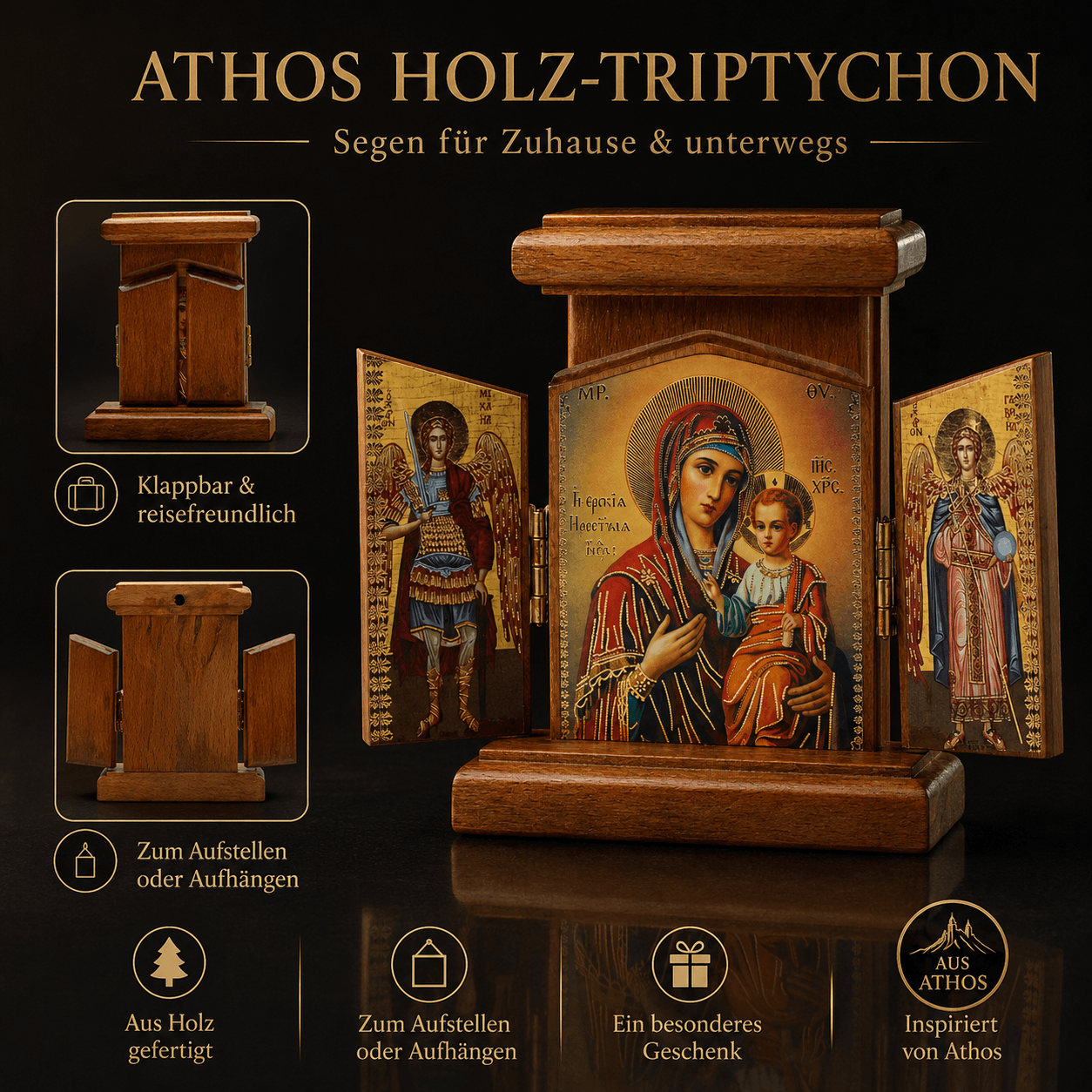 misticSparks Holz Ikone Triptychon Holz Ikone Triptychon klappbar mit Maria mit Kind, Erzengel Michael und Gabriel, 12 x 12 cm