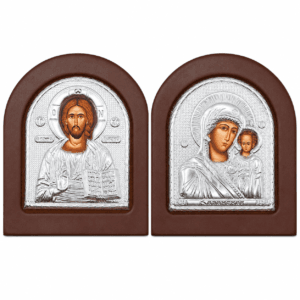 Byzantinische Ikonen 2er Set Maria mit Kind Jesus Christus Berg Athos 12x14 cm Mahagoni