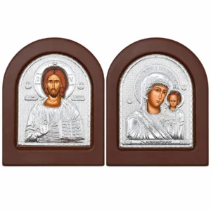 Byzantinische Ikonen 2er Set Maria mit Kind und Jesus Christus, Metallrelief auf Holz, 12 x 14 cm