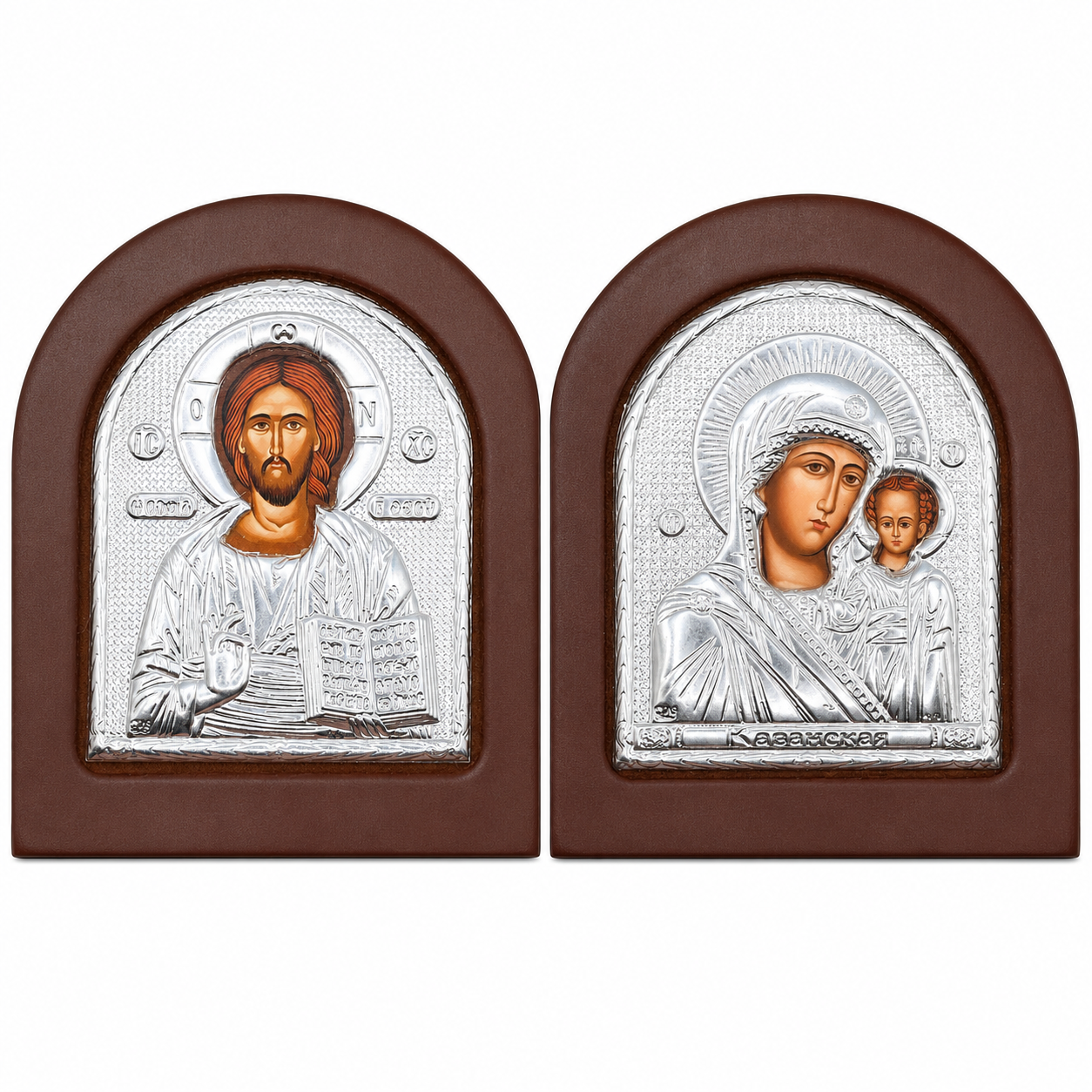 Byzantinische Ikonen 2er Set Maria mit Kind und Jesus Christus, Metallrelief auf Holz, 12 x 14 cm Byzantinische Ikonen 2er Set Maria mit Kind und Jesus Christus, Metallrelief auf Holz, 12 x 14 cm