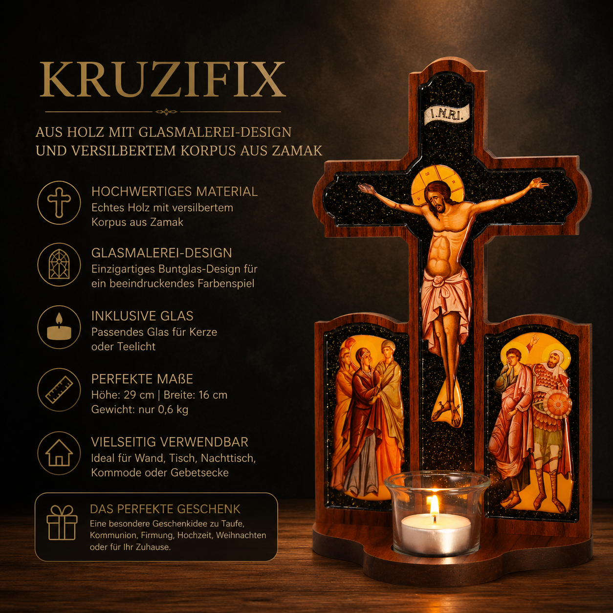 Kruzifix Holz mit Glasmalerei und Kerzenglas, versilberter Korpus, 29 cm Kruzifix Holz mit Glasmalerei und Kerzenglas, versilberter Korpus, 29 cm