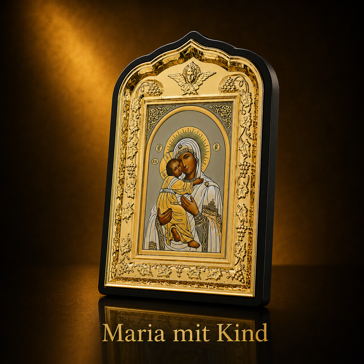 Ikonen Set 2er Maria mit Kind und Jesus Christus mit Bibel, schwarzer Rahmen mit goldenem Taubenmotiv