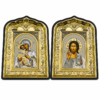 christliches Ikonen Set 2er Maria mit Kind und Jesus Christus mit Bibel, schwarzer Rahmen mit Goldrelief