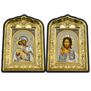 christliches Ikonen Set 2er Maria mit Kind und Jesus Christus mit Bibel, schwarzer Rahmen mit Goldrelief