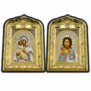 christliches Ikonen Set 2er Maria mit Kind und Jesus Christus mit Bibel, schwarzer Rahmen mit Goldrelief