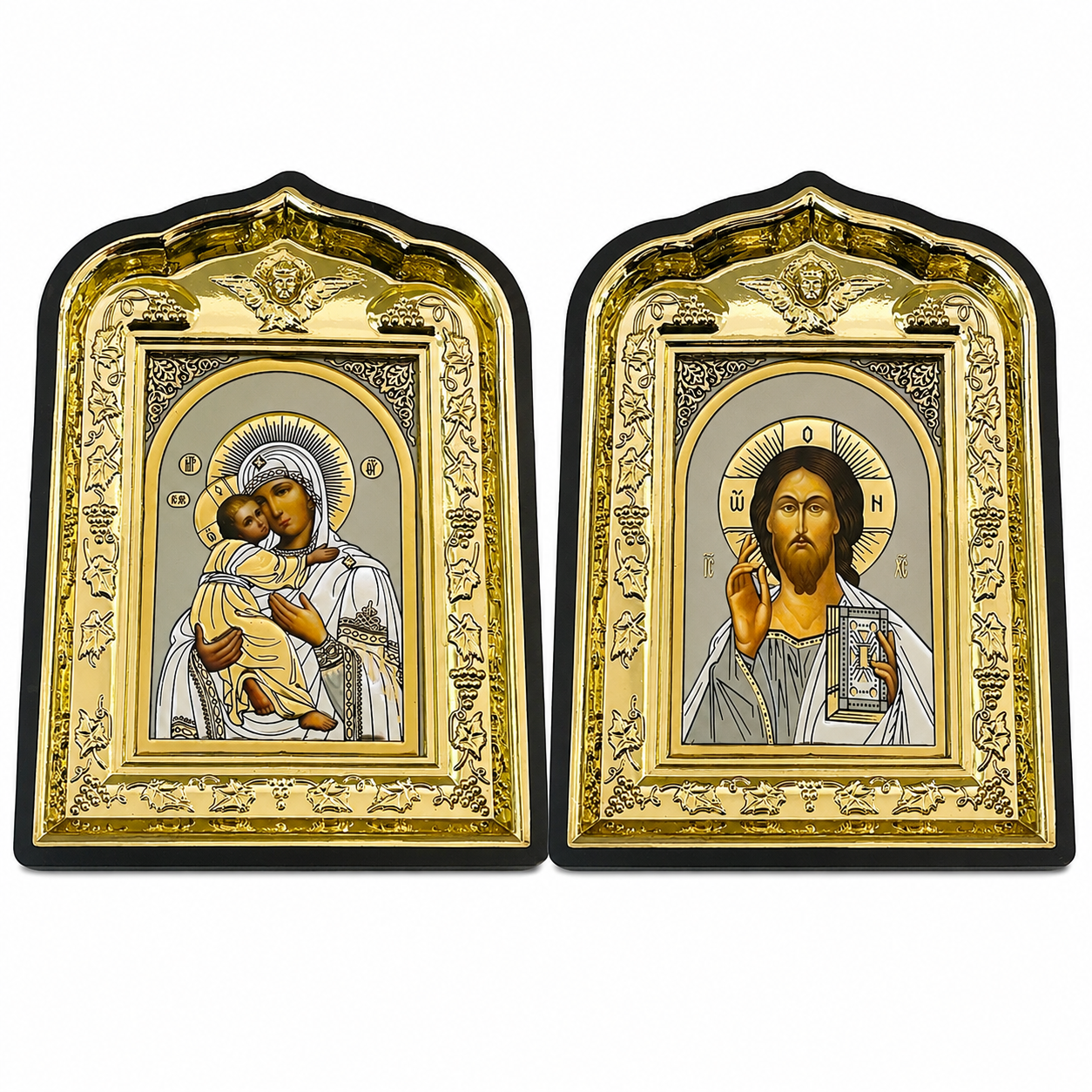 christliches Ikonen Set 2er Maria mit Kind und Jesus Christus mit Bibel, schwarzer Rahmen mit Goldrelief