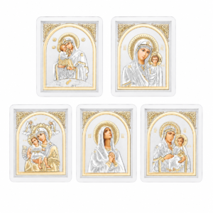 Marienikonen 5er-Set Maria mit Kind, gerahmte Mini-Ikonen 60 x 50 mm zum Aufstellen oder Aufhängen