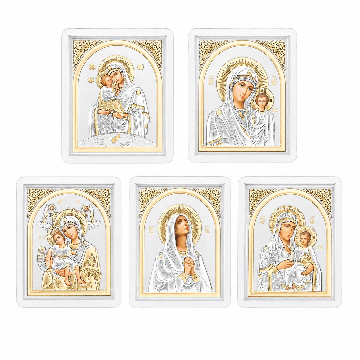 Marienikonen 5er-Set Maria mit Kind, gerahmte Mini-Ikonen 60 x 50 mm zum Aufstellen oder Aufhängen