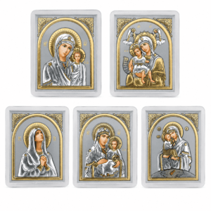 Marienikonen 5er-Set Maria mit Kind, gerahmte Mini-Ikonen 60 x 50 mm zum Aufstellen oder Aufhängen