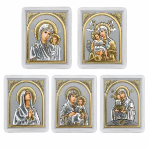 Marienikonen 5er-Set Maria mit Kind, gerahmte Mini-Ikonen 60 x 50 mm zum Aufstellen oder Aufhängen