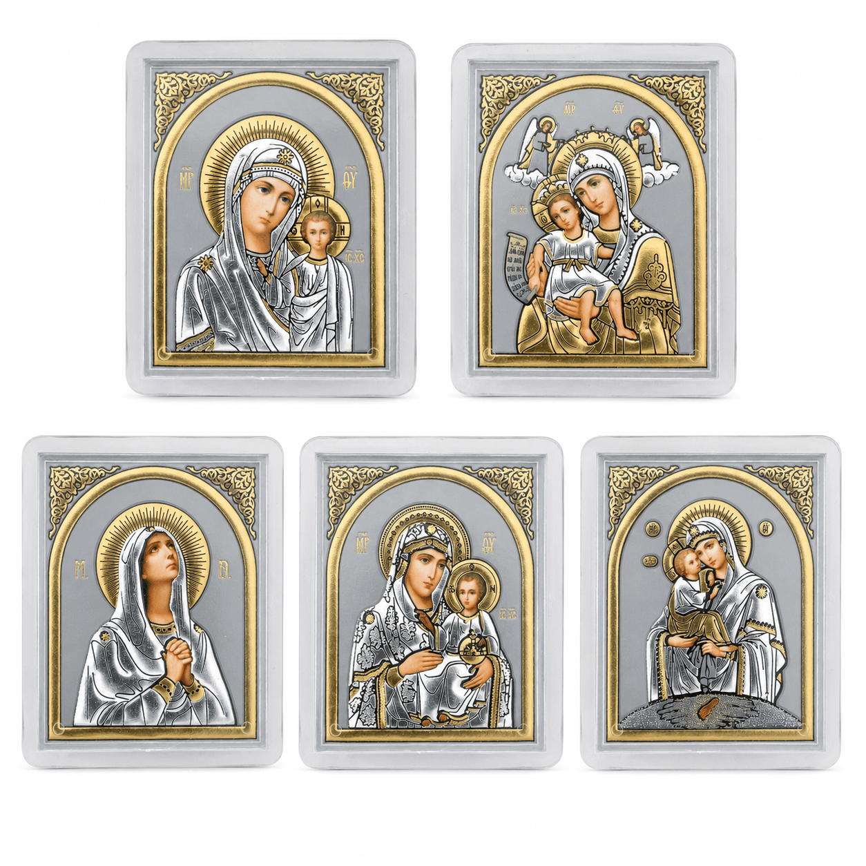 Marienikonen 5er-Set – Maria mit Kind Marienikonen 5er-Set Maria mit Kind, gerahmte Mini-Ikonen 60 x 50 mm zum Aufstellen oder Aufhängen