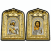christliches Ikonen Set 2er Maria mit Kind und Jesus Christus mit Bibel, schwarzer Rahmen mit Goldrelief